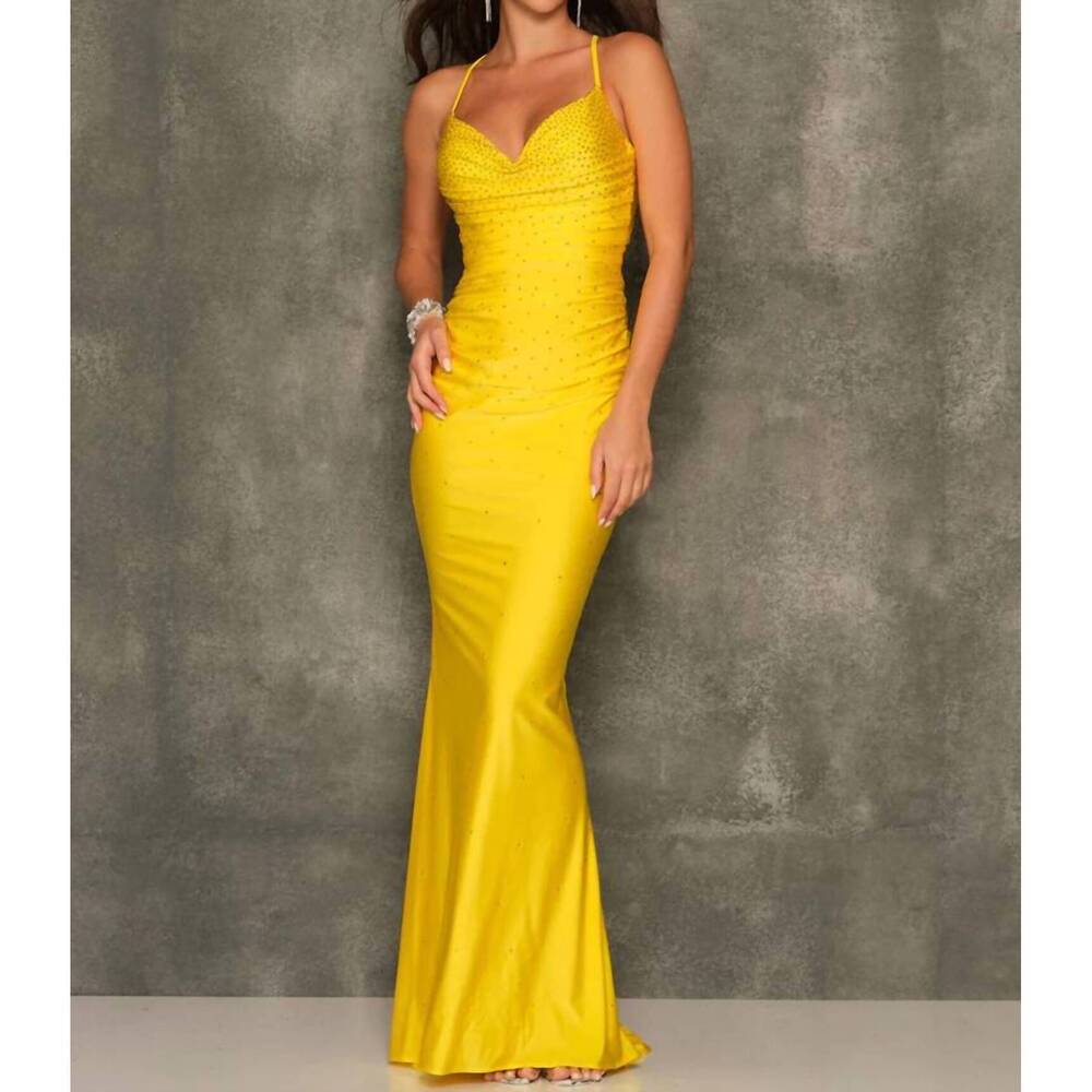 NEW DAVE & JOHNNY rhinestone embellished lace-up back prom dress in yellow